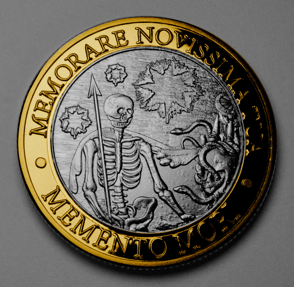 Memento Mori Medallion Black Gold Skull Hourglass Remember