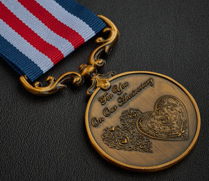On Our 5th Wooden Wedding Anniversary Medal in Case - Antique Gold
