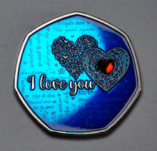 Load image into Gallery viewer, Happy Valentines Day 'I Love You' - Silver with Blue Enamel. Diamante