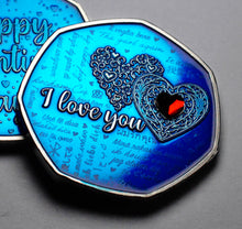 Load image into Gallery viewer, Happy Valentines Day 'I Love You' - Silver with Blue Enamel. Diamante