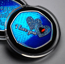 Load image into Gallery viewer, Happy Valentines Day 'I Love You' - Silver with Blue Enamel. Diamante