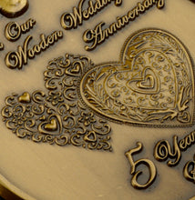 Load image into Gallery viewer, On Our 5th Wooden Wedding Anniversary Medal in Case - Antique Gold