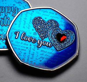 Happy Valentines Day 'I Love You' - Silver with Blue Enamel. Diamante