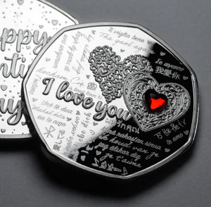 Happy Valentines Day 'I Love You' - Silver with Red Diamante Gemstone