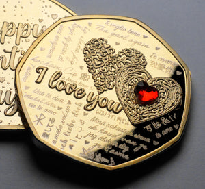 Happy Valentines Day 'I Love You' - 24ct Gold with Red Diamante Gemstone