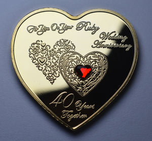On Your 40th Ruby Wedding Anniversary - Gold Heart with Diamante Gemstone