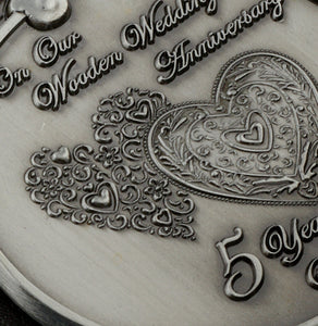 On Our 5th Wooden Wedding Anniversary Medal - Antique Silver