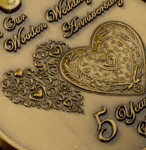 On Our 5th Wooden Wedding Anniversary Medal - Antique Gold