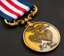 Load image into Gallery viewer, Our 30th Pearl Wedding Anniversary Medal &#39;Distinguished Service &amp; Bravery in the Field&#39; in Case - Antique Gold